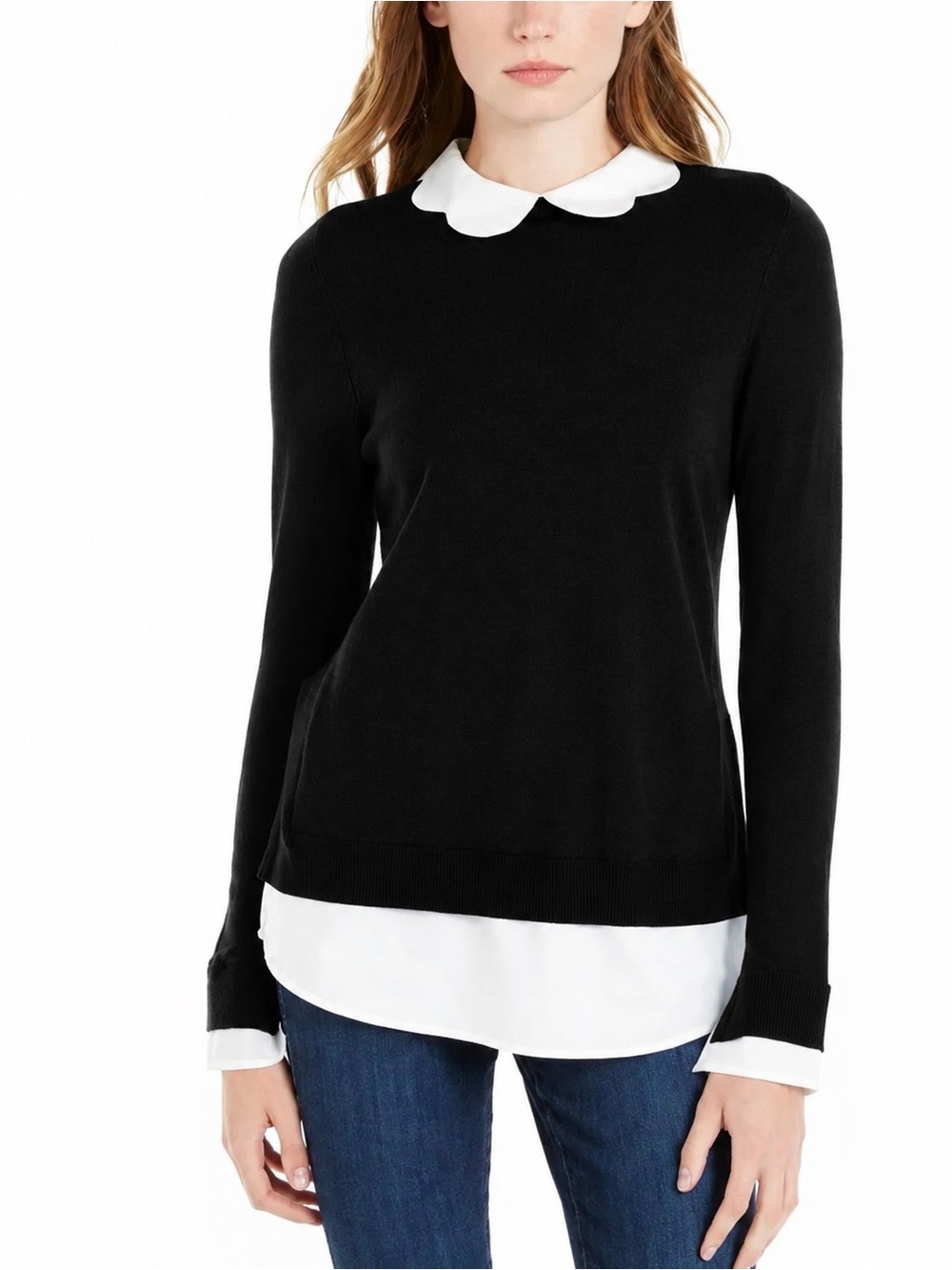 Maison Jules Black Sweater with White Scalloped Collar